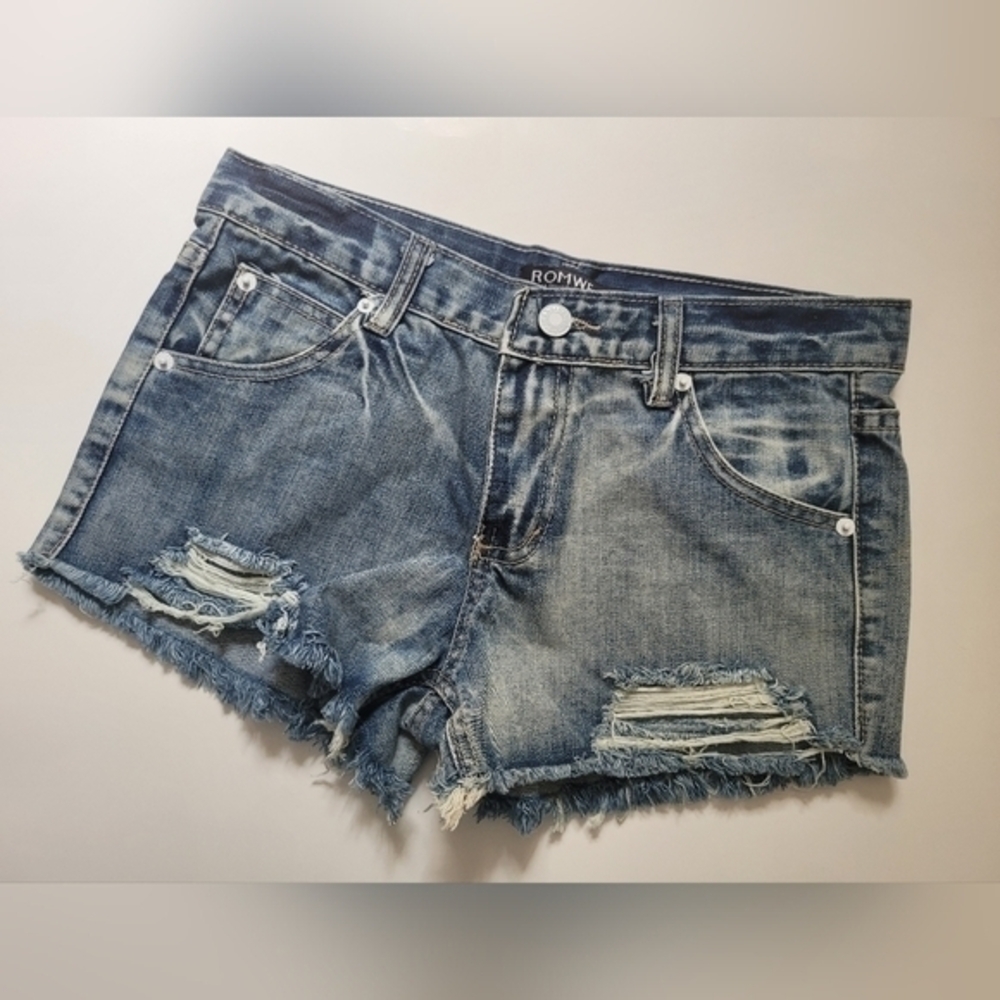ROMWE Blue Distressed Jean Shorts with Raw Hem